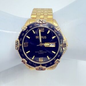 Vintage Benrus Quartz Watch 37mm Gold Tone Black Dial Stretch Band New Battery